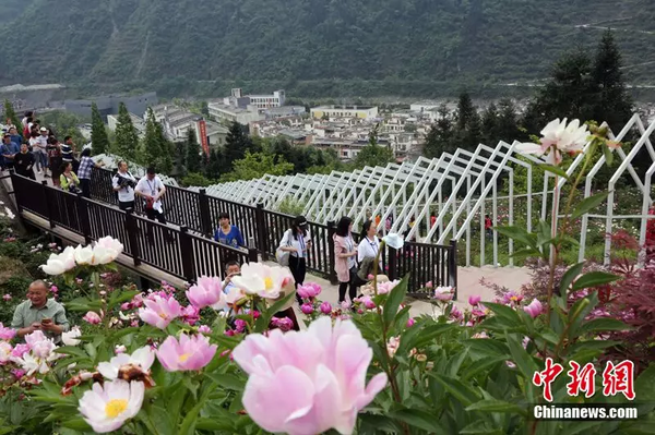 2018年4月30日，汶川青山綠水鮮花盛開，吸引游客觀光。 中新社記者 任海霞 攝