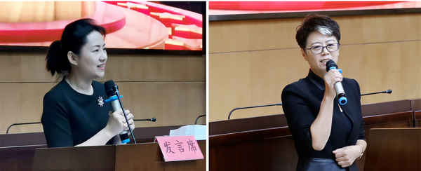 民盟中央婦女委員會(huì)委員、民盟北京市朝陽區(qū)委專職副主委陳巴黎（左）、總創(chuàng)意暨總導(dǎo)演金姝慧（右）與會(huì)發(fā)言。民朝 攝影