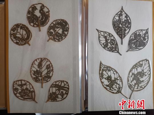 圖為，都婉莉創(chuàng)作的小型葉雕作品。　孫宏瑗 攝