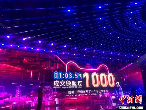圖為2019年11月11日凌晨1點03分59秒，2019天貓雙11交易額突破1000億元人民幣?！≮w小燕　攝