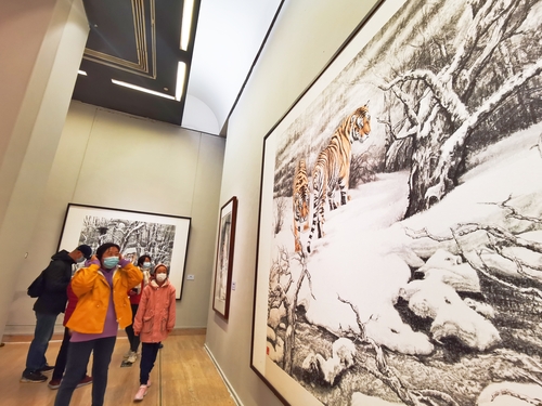 ▲“慷慨嘯歌——孟祥順畫(huà)虎藝術(shù)展”展覽現(xiàn)場(chǎng) 賈寧 攝1