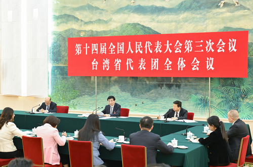 3月7日下午，中共中央政治局常委、全國(guó)政協(xié)主席王滬寧參加十四屆全國(guó)人大三次會(huì)議臺(tái)灣代表團(tuán)審議。新華社記者 高潔 攝